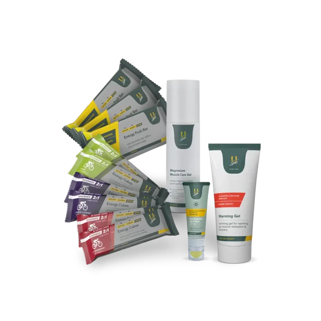 Wintersport Essentials Bundle wintersport pakket met sportvoeding, sportverzorgingsproducten , zonnebrand en warmte gel