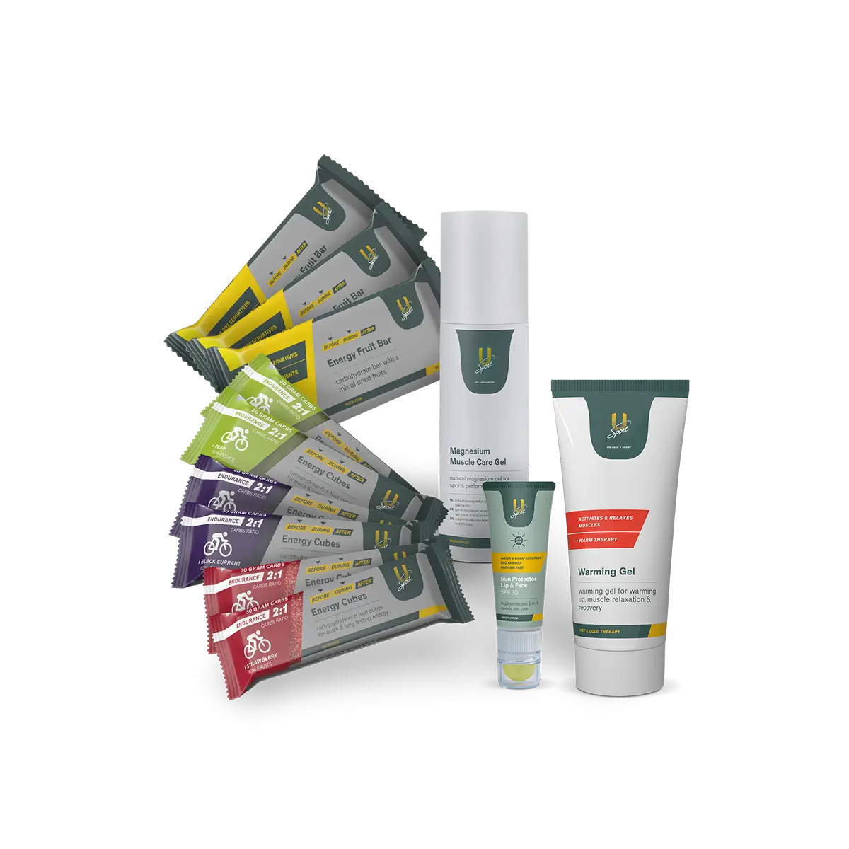 Wintersport Essentials Bundle wintersport pakket met sportvoeding, sportverzorgingsproducten , zonnebrand en warmte gel