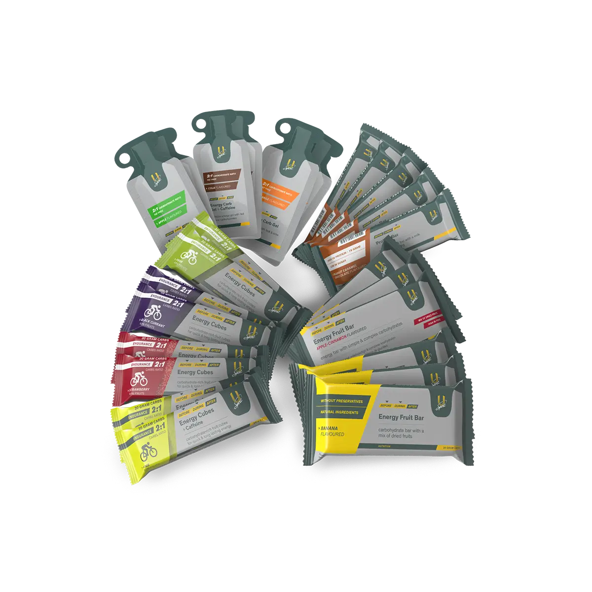 Sportvoeding pakket U-Sport met energie gels, energierepen, eiwitrepen en energie fruitblokjes