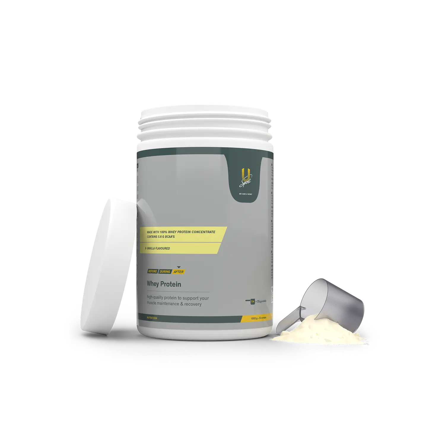 U-Sport Whey Protein eiwitpoeder Vanille 1000g eiwitpoeder met BCAA’s voor spieropbouw en herstel pot open