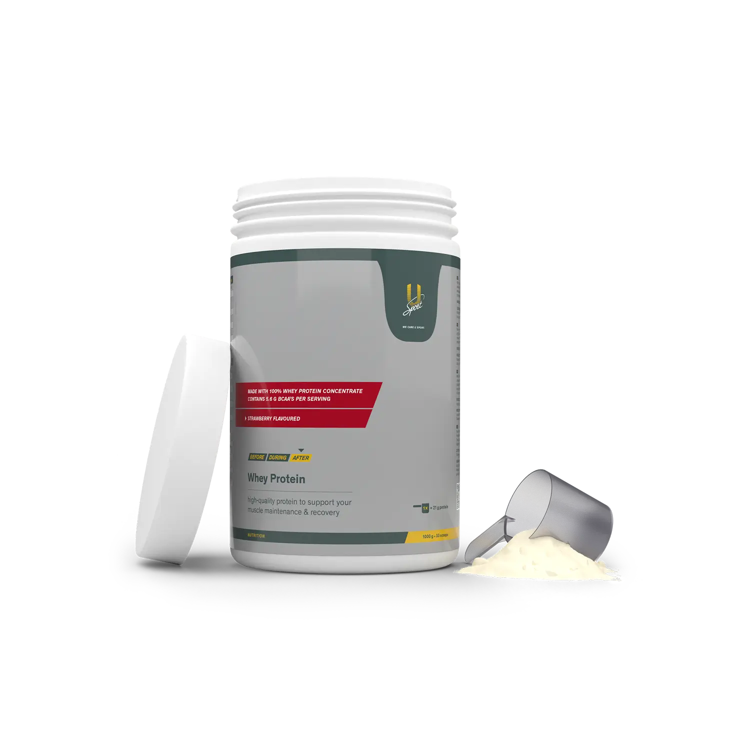 U-Sport Whey Protein eiwitpoeder Aardbei 1000g eiwitpoeder met BCAA’s voor spieropbouw en herstel pot met schepje