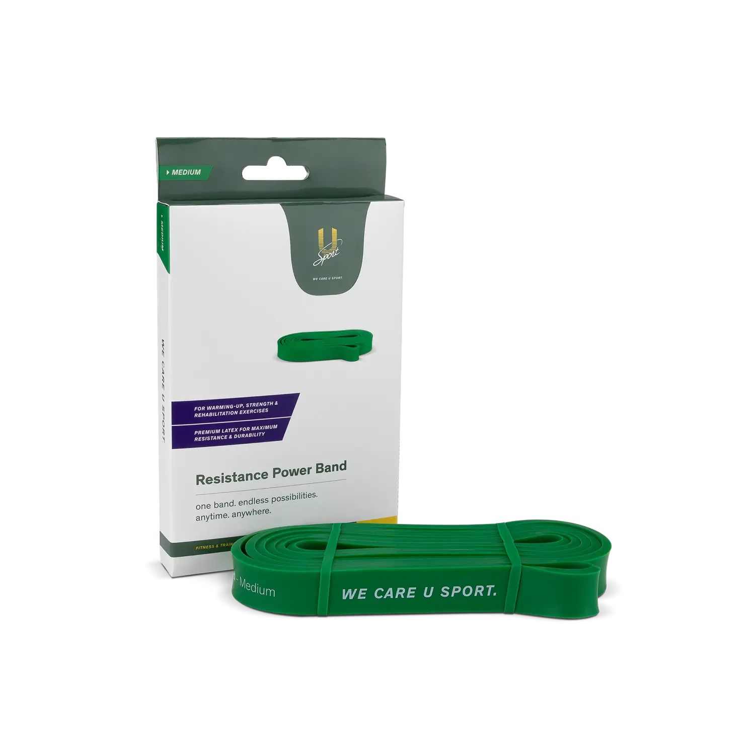 Resistance Power Band Groen- medium weerstandsband fitness voor kracht, stabiliteit en mobiliteit met doosje
