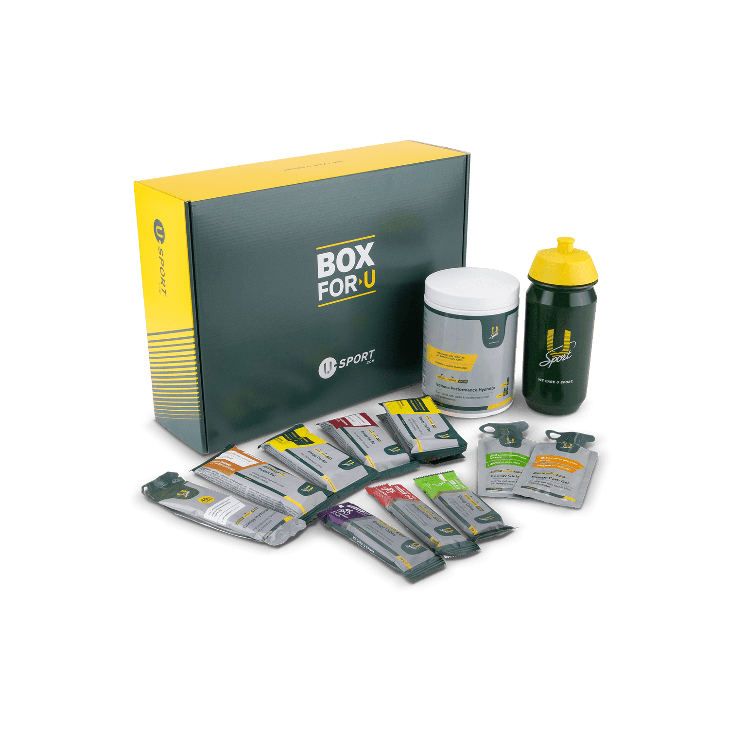 U-Sport sportvoeding try-out box deluxe kennismakingsbox / cadeau met energiegels, energierepen, sportdrank, cubes en een bidon